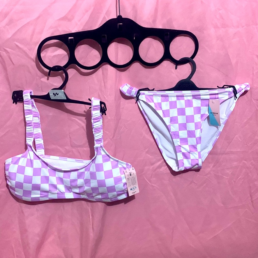 Two piece plaid swimming suit, stretchy straps on shoulders & waistline